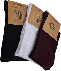 Qorux Women's Bamboo Crew Socks – 3 Pairs Burgundy, White & Black, Soft Breathable Stretch Socks for Casual & Everyday Wear