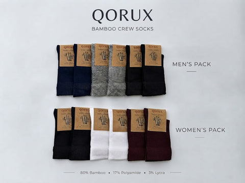 QORUX Bamboo Crew Socks | Soft, Breathable, Moisture Wicking (6 Pairs)