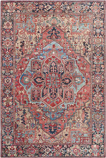 Manche Traditional Bright Red/Navy/Wheat/Ice Blue/Grass Green/Ivory Area Rug