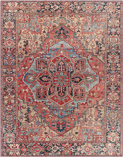 Manche Traditional Bright Red/Navy/Wheat/Ice Blue/Grass Green/Ivory Area Rug