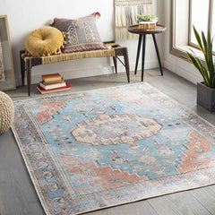 Laren Traditional Aqua Washable Area Rug