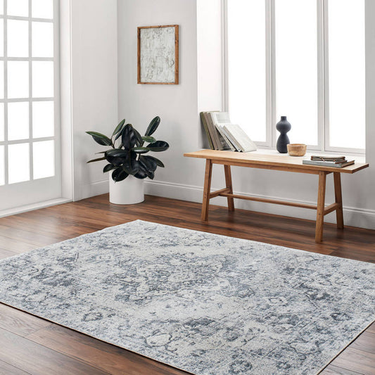 Moya Traditional Navy Blue Washable Area Rug
