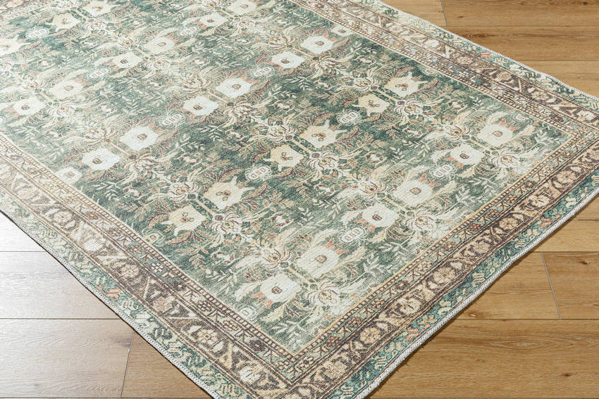 Meddo Traditional Dark Green Washable Area Rug