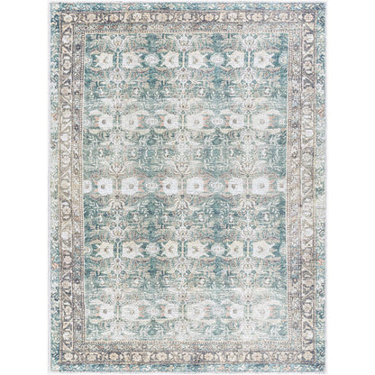 Marqus Traditional Emerald/Light Silver Washable Area Rug