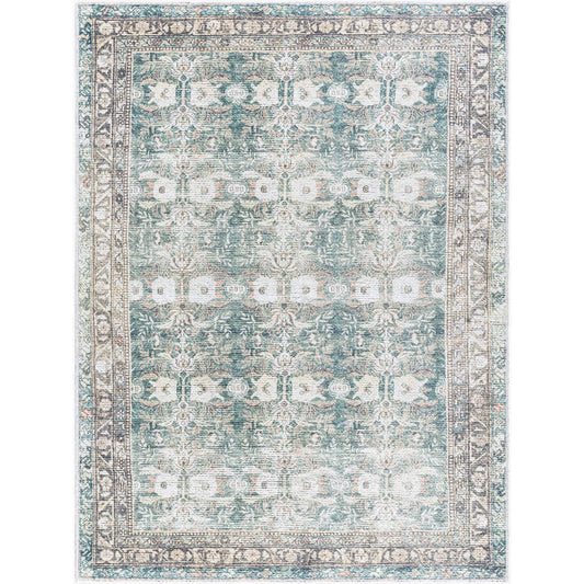 Marqus Traditional Emerald/Light Silver Washable Area Rug