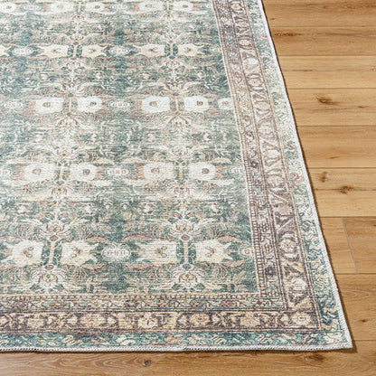Marqus Traditional Emerald/Light Silver Washable Area Rug