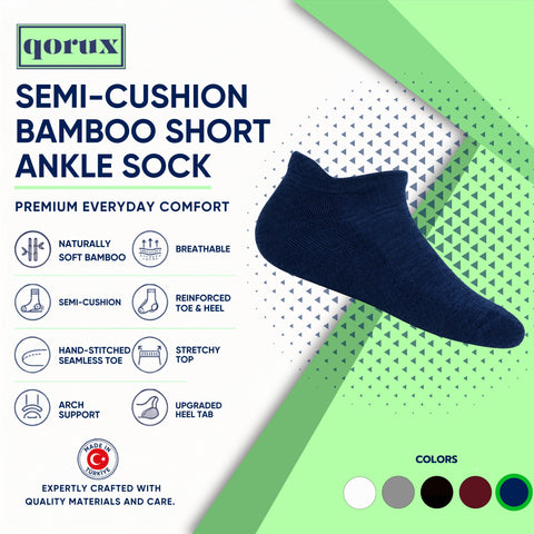 QORUX Bamboo Semi Cushioned Ankle Socks | Soft Breathable Athletic Socks (6 Pairs)