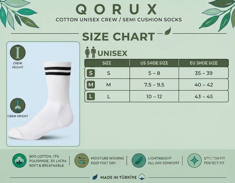 QORUX Cotton Crew Socks | Semi-Cushioned, Breathable, Unisex (6 Pairs)